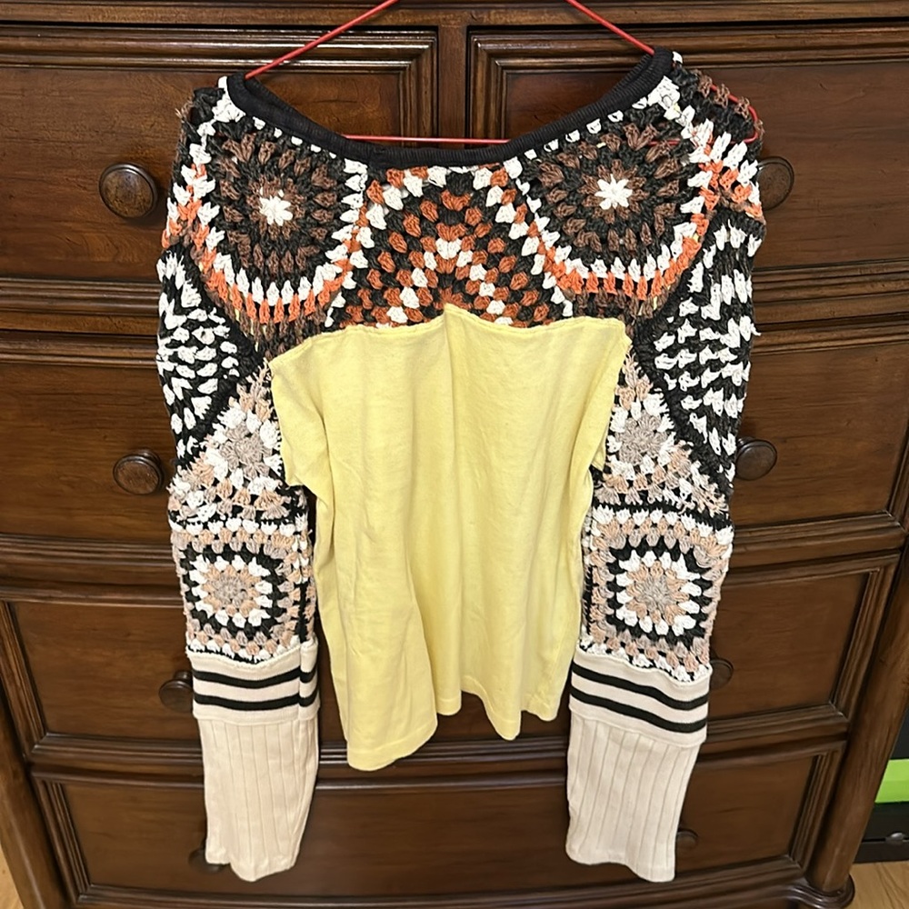 Free People Mixed Media Granny Square Crochet Shirt NEW - Picture 7 of 9
